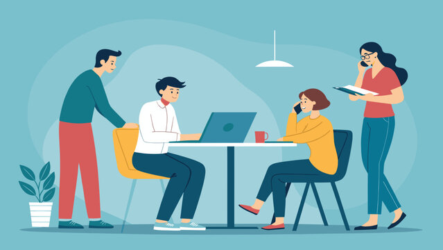 Teamwork and Collaboration: Diverse team working together in a modern office setting. Ideal for business presentations and websites.