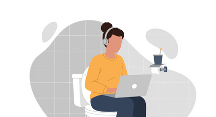 Woman working on laptop while sitting on toilet, illustration for articles about work-life balance or remote work challenges.