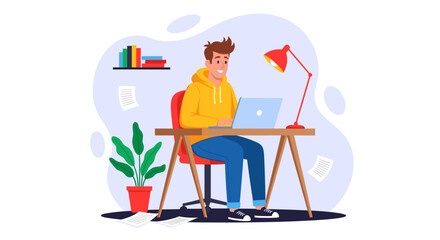 Young man working on laptop at home office, perfect for blog, website or social media.