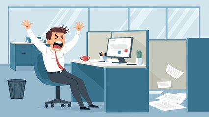 Frustrated businessman at his desk, perfect for illustrating stress, burnout, or workplace challenges in articles or presentations.