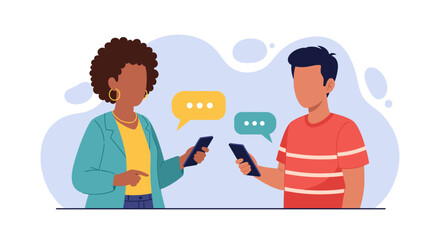 Diverse young people using smartphones, chatting, and texting. Perfect for websites, social media, and apps.