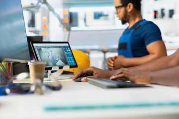 Technician investigating malfunctioning systems in photovoltaics factory, comparing parameters with pc and files. Black employee inspecting solar panels manufacturing plant, high tech.