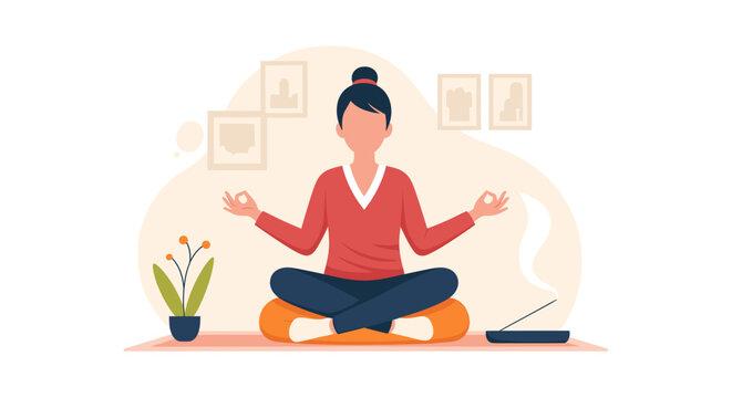 Woman meditating at home, perfect for wellness websites or mindfulness apps.