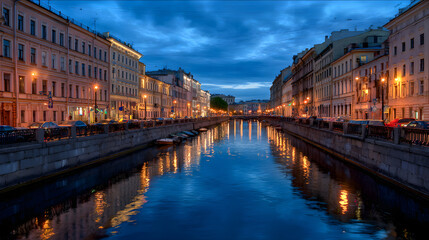 Obraz premium Canals reflecting golden city lights at dusk, portraying serene European charm.