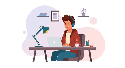 Young man working from home on laptop, perfect for blog posts about remote work or online education.