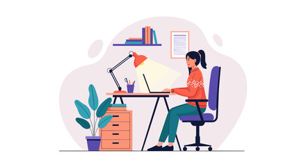 Woman working on laptop at home office, perfect for blog posts about remote work or productivity.