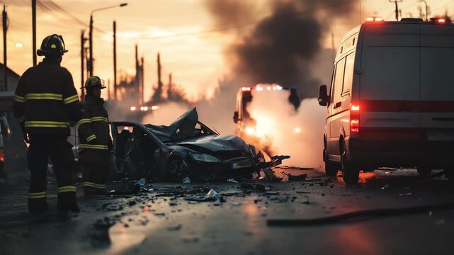 An accident scene with an ambulances on the road, a damaged car after a crash