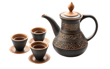 Traditional Arabic coffee pot displayed alongside a small serving cup symbolizing Middle Eastern hospitality and culture isolated on transparent background PNG