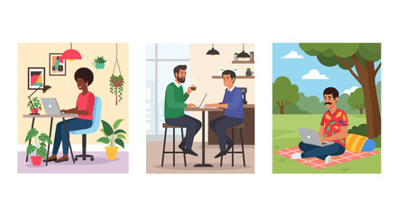 Diverse group of people working remotely: home office, cafe, and park settings. Ideal for illustrating flexible work styles and remote work concepts.