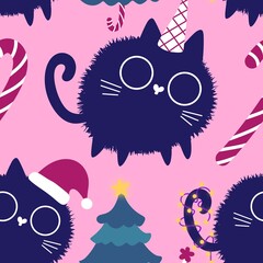 Cartoon funny cats seamless Christmas pattern for wrapping paper and kids clothes print and festive packaging