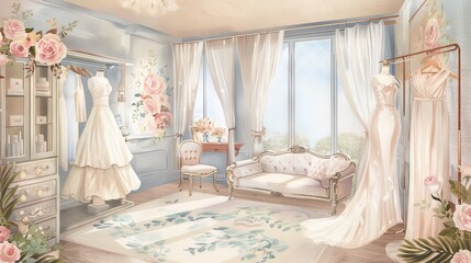 Watercolor illustration of a cozy bridal salon interior with elegant wedding dresses and floral decor, perfect for romantic wedding inspiration and fashion design
