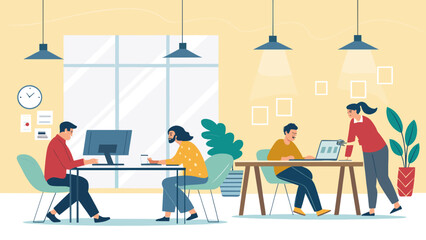 Modern co-working space illustration, perfect for website banners, brochures, and marketing materials.
