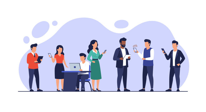 Diverse team of professionals using mobile devices and laptops, ideal for website banners or business presentations.