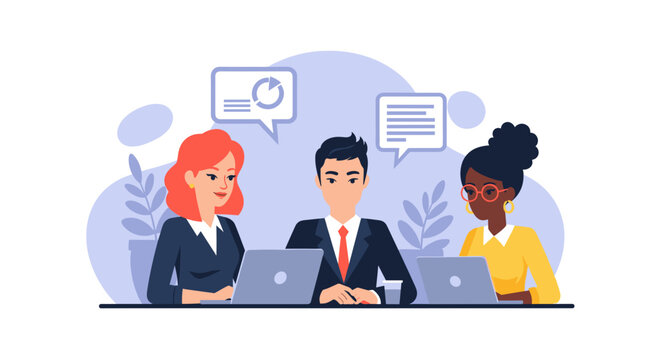 Diverse business team collaborating on laptops, ideal for website banners or presentations.