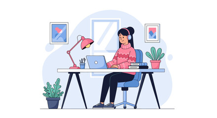 Young woman working from home on laptop, perfect for blog posts about remote work or online education.