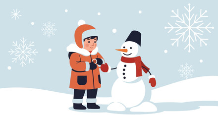 Obraz premium Delightful winter scene featuring a child building a snowman amidst falling snowflakes