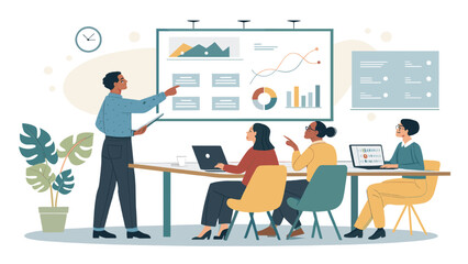 Diverse business team in a meeting, reviewing data on a presentation board. Ideal for reports, presentations, and website landing pages.