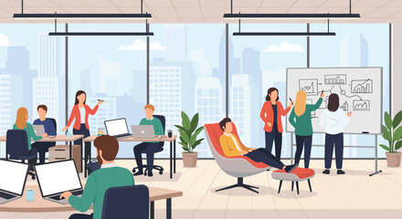 Modern office workspace with diverse team brainstorming and working on laptops. Ideal for business websites and brochures.