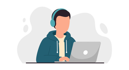 Person with headphones working on laptop, ideal for website banners or blog posts about remote work.