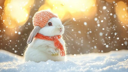 Obraz premium Fluffy white rabbit wearing orange hat and scarf in snowy winter wonderland with sunlit background. concept of cozy winter scene, adorable animal, seasonal warmth, copy space