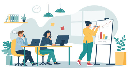 Teamwork in modern office: Illustration of colleagues collaborating on a project, perfect for presentations and business websites.