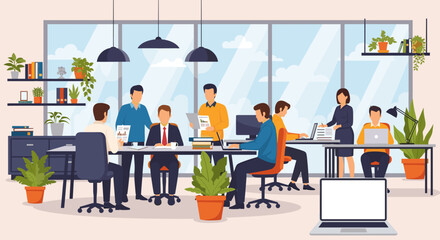 Diverse business team collaborating in a modern office, ideal for presentations and website banners.