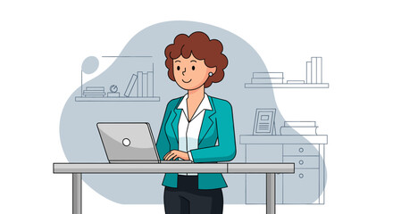 Businesswoman working on laptop in modern office - perfect for website banners, presentations, or brochures.