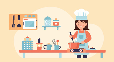 Cheerful Female Chef Prepares Delicious Meal In A Cozy Well Equipped Kitchen