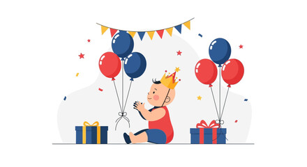 Cheerful first birthday celebration featuring a baby with a crown amidst balloons and gifts