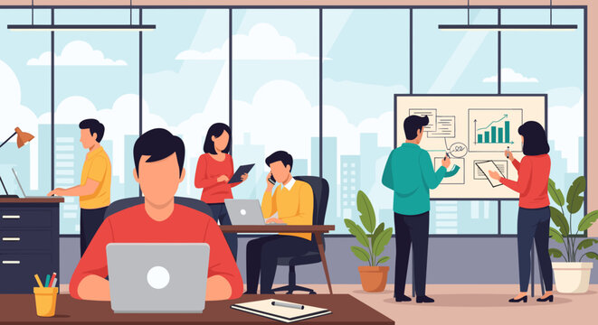 Diverse team collaborating in a modern office, perfect for website landing pages or business brochures.