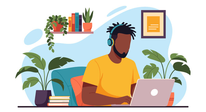 African American man working from home on laptop, perfect for remote work, freelance, and home office websites and blogs.