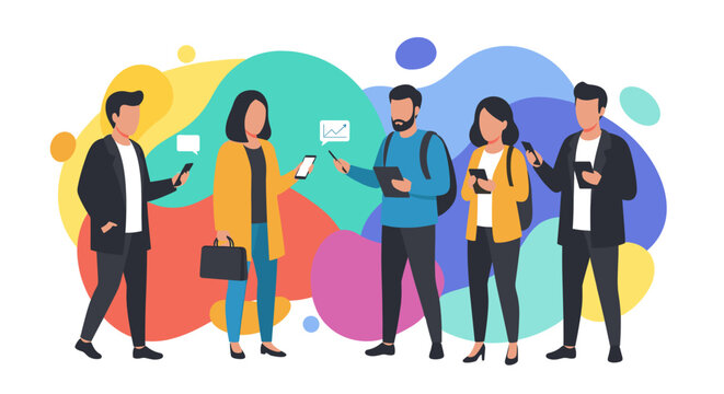 Diverse group of young professionals using smartphones and tablets. Ideal for websites, presentations, and marketing materials related to teamwork, technology, and communication.