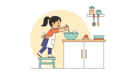 Cheerful Girl Preparing Food On A Kitchen Counter With Utensils