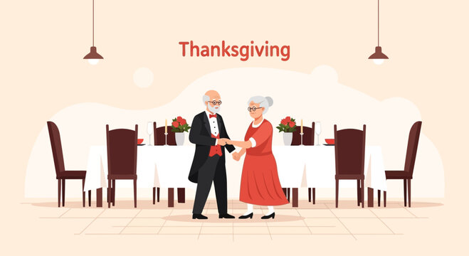 Elderly Couple Sharing A Joyful Thanksgiving Dance Together In Restaurant