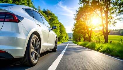 Electric car driving on the road with green nature and blue sky motion blur background