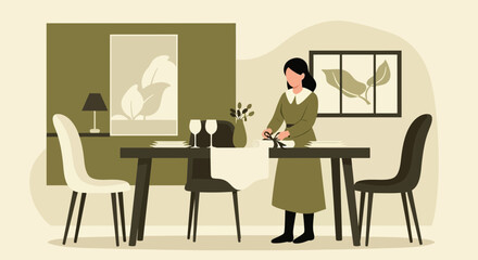 Elegant Dinner Preparing With Olive Tones And Organic Artwork In Home