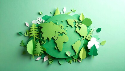 Green world paper cute style with copy space, earth day banner and world environment day concept
