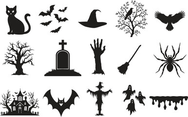 set of halloween element silhouette collection. Black and white vector editable file. Bat, black cat, Black Witch Hat, Broomstick, crow on brunch of tree, fierce bat, ghost figures, vector, grave, hau