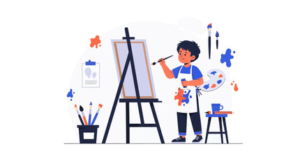 Creative Young Artist Painting Canvas With Paintbrush And Artistic Tools