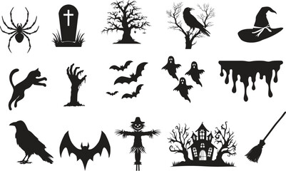 set of halloween element silhouette collection. Black and white vector editable file. Bat, black cat, Black Witch Hat, Broomstick, crow on brunch of tree, fierce bat, ghost figures, vector, grave, hau