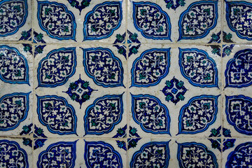 Ornate blue Turkish Iznik tiles with floral Islamic patterns in Istanbul, Turkey