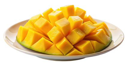 Freshly cut ripe mango cubes arranged artfully on a white plate isolated on transparent background