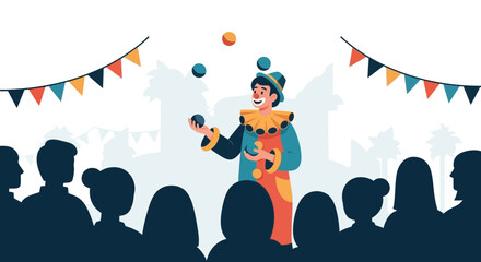Clown Performs An Exciting Juggling Act In Front Of An Appreciative Audience
