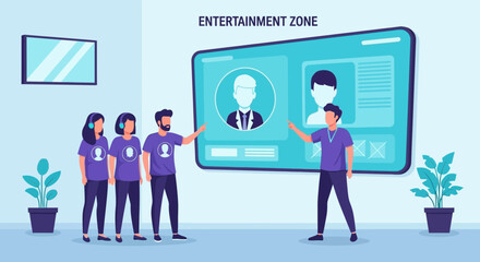 Entertainment zone vector illustration showcasing a team interacting with large interface screens and avatars