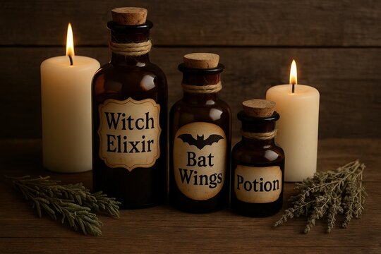 Witch elixir and candles with potion bottles in rustic setting. concept of magic, spooky atmosphere, halloween decor, halloween