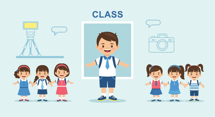 Cute cartoon illustration depicting a class of elementary school children together