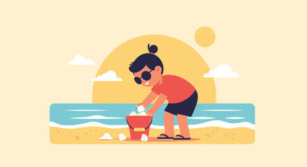 Fototapeta premium Cute cartoon illustration of a kid playing with sand at the beach during summer vacation
