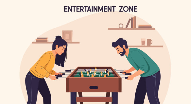 Couple enjoying a lively game of foosball in their home entertainment zone setting