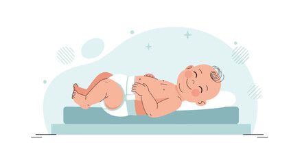 Cute newborn baby lying on the bed enjoying a peaceful sleep in a diaper vector illustration