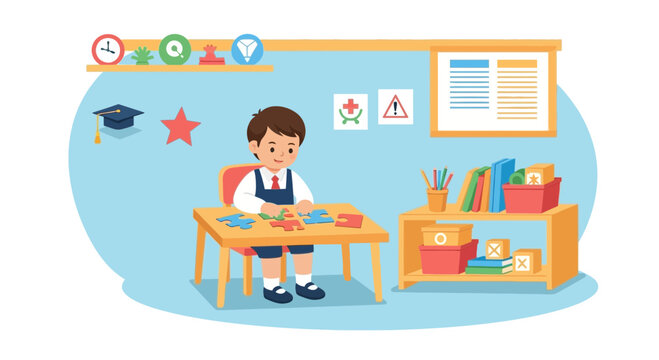 Cute Little Boy Learning And Playing With Puzzle in Kindergarten Classroom